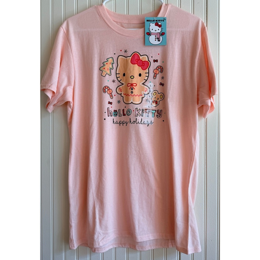 Hello Kitty Sanrio Pink Happy Holidays Gingerbread Graphic Tee Large NEW
